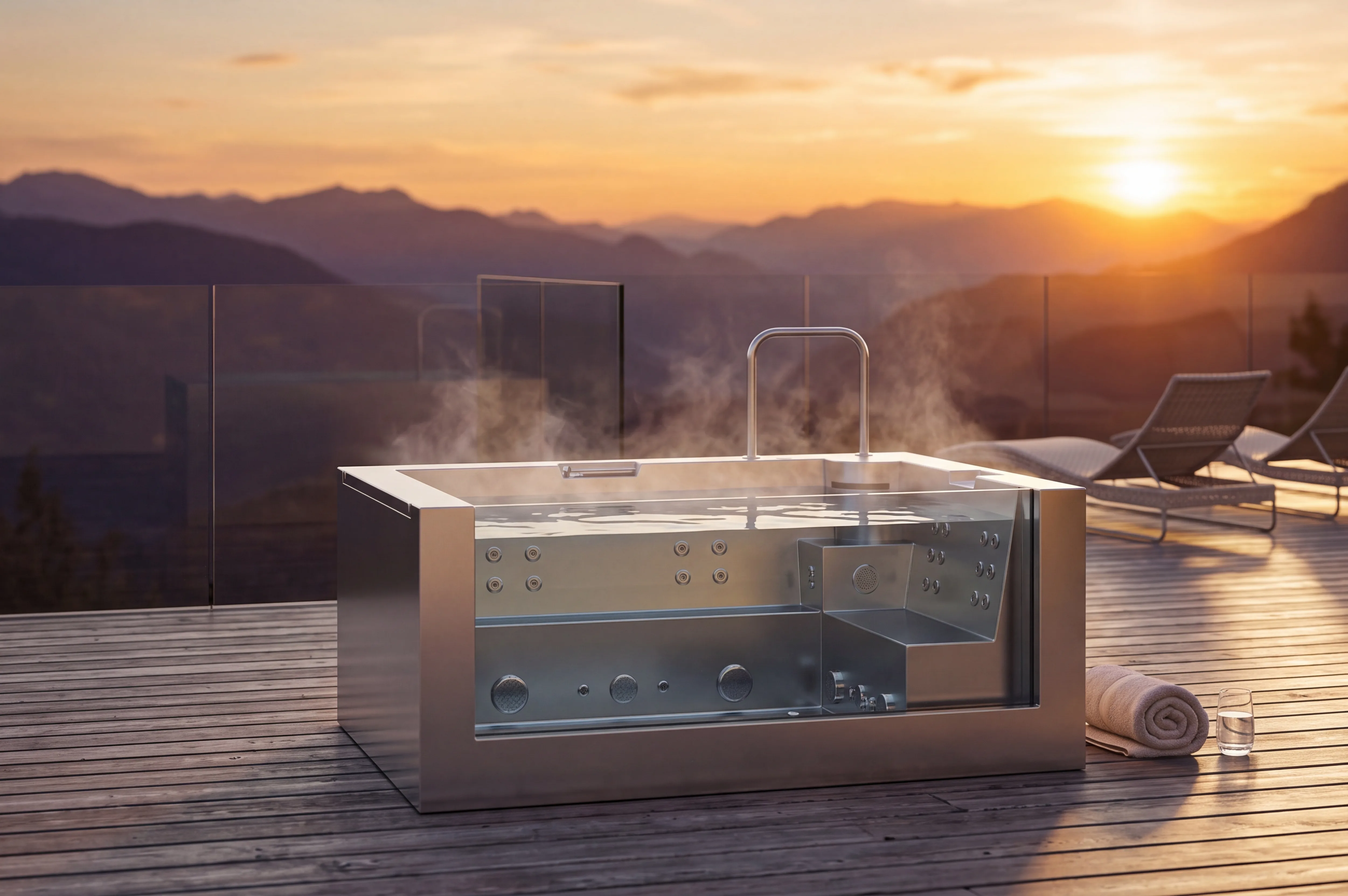 Premium stainless steel and acrylic swim spa installed on a resort pool deck